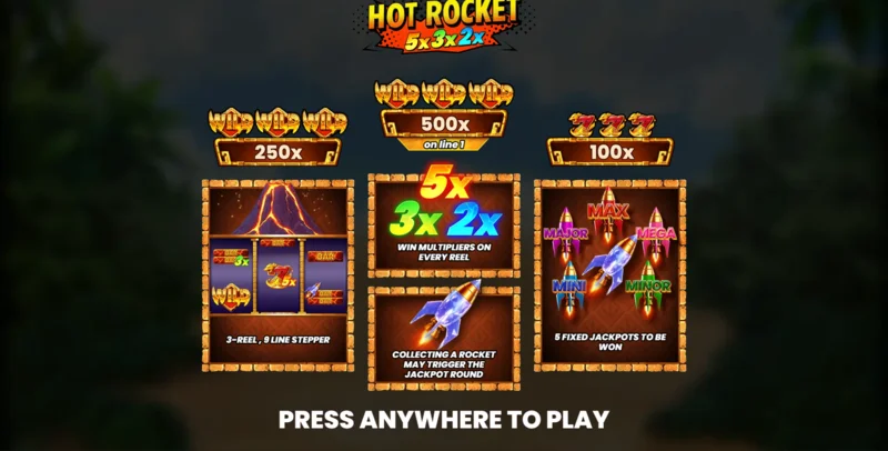 Hot Rocket 5x 3x 2x - aðalvalmynd með hjólum og ræsihnappi